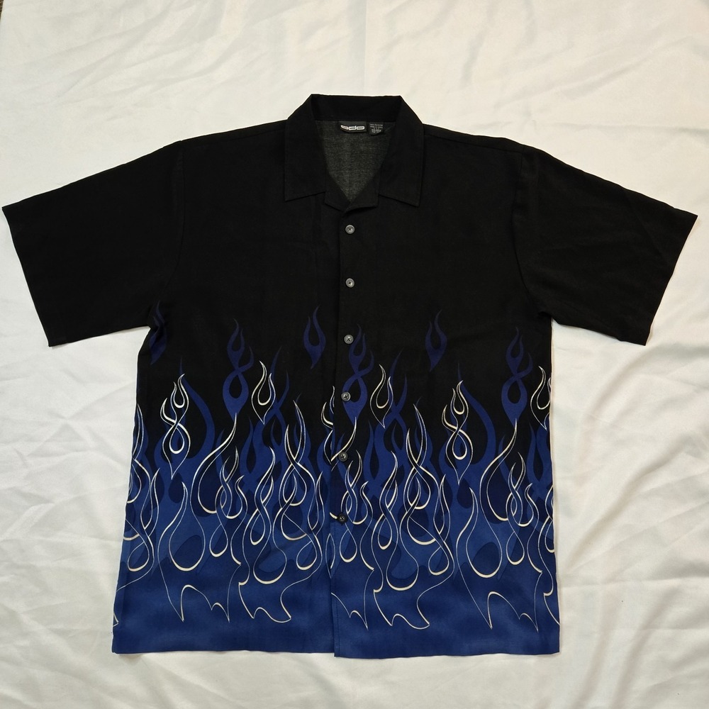 ODO Shirt Mens 2XL Black Satin Blue Flame AOP Button Up Club Party Rare‎ Y2K VTG